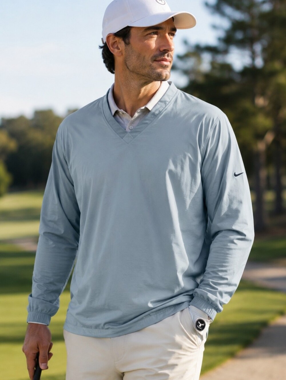 Nike Golf Men's Large V-Neck Pullover Windshirt Blue Zip Pockets Windbreaker